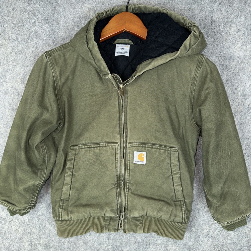 Carhartt Jacket Unisex Kids S 7-8 Green Wildwood Duck Canvas Quilted Hooded Coat